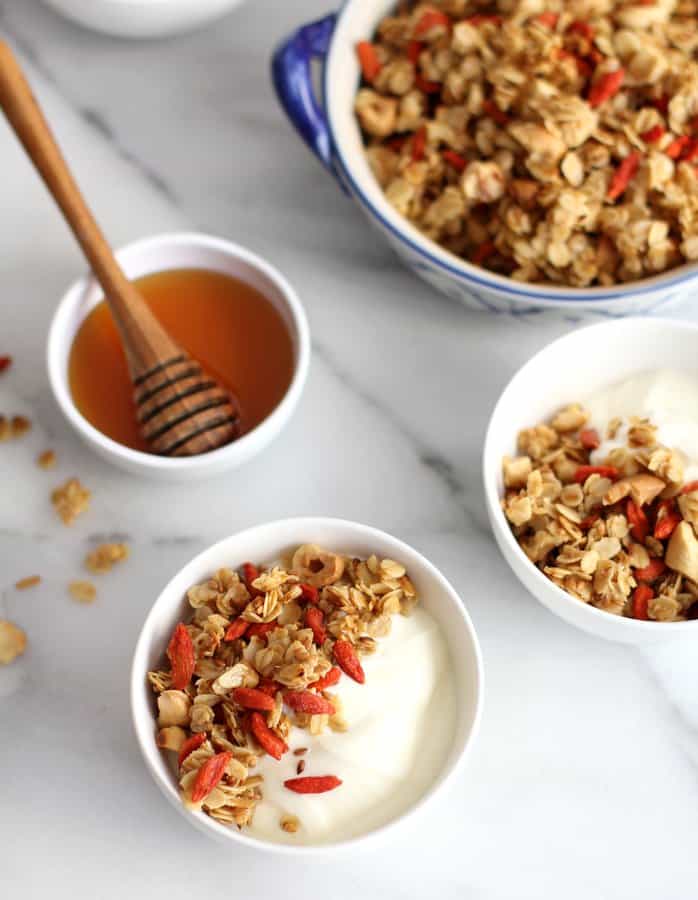 Granola in white bowls