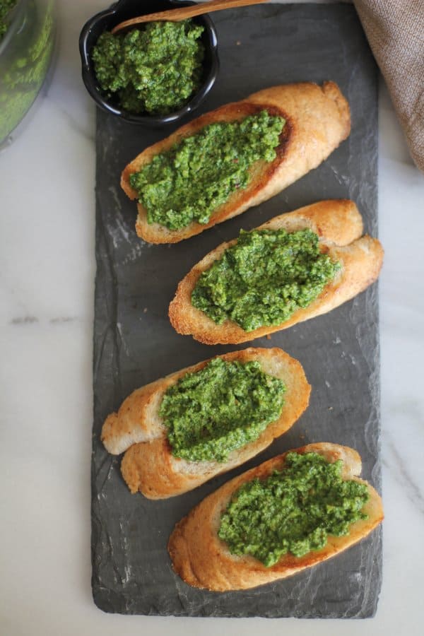 pesto on toast on a slate tray