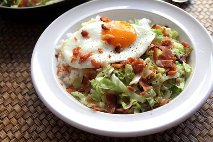 Sauteed Cabbage with Bacon in a white bowl
