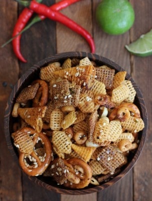 a bowl of spicy snack mix