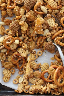 spicy snack mix on a white table