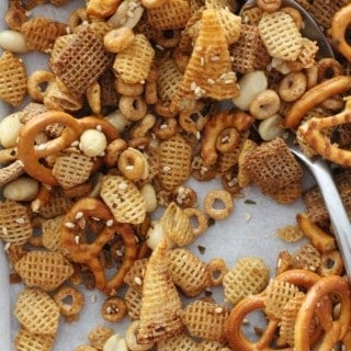 spicy snack mix on a white table