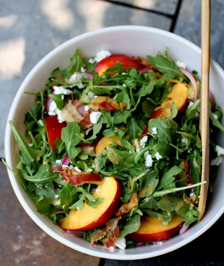 overhead image of Nectarine Salad in a white bowl