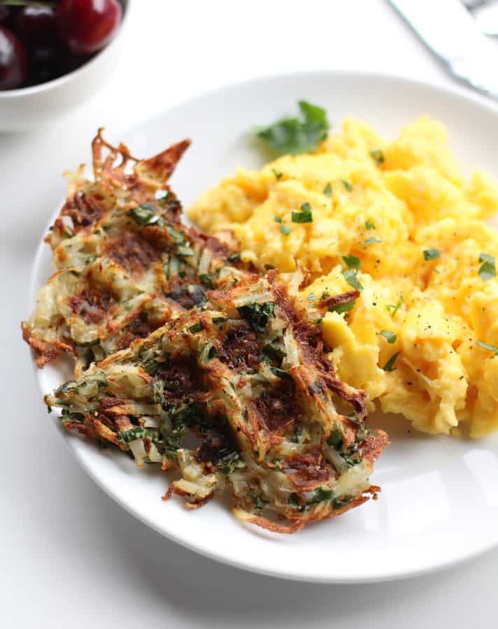 Waffle Iron Hash Browns on a white plate