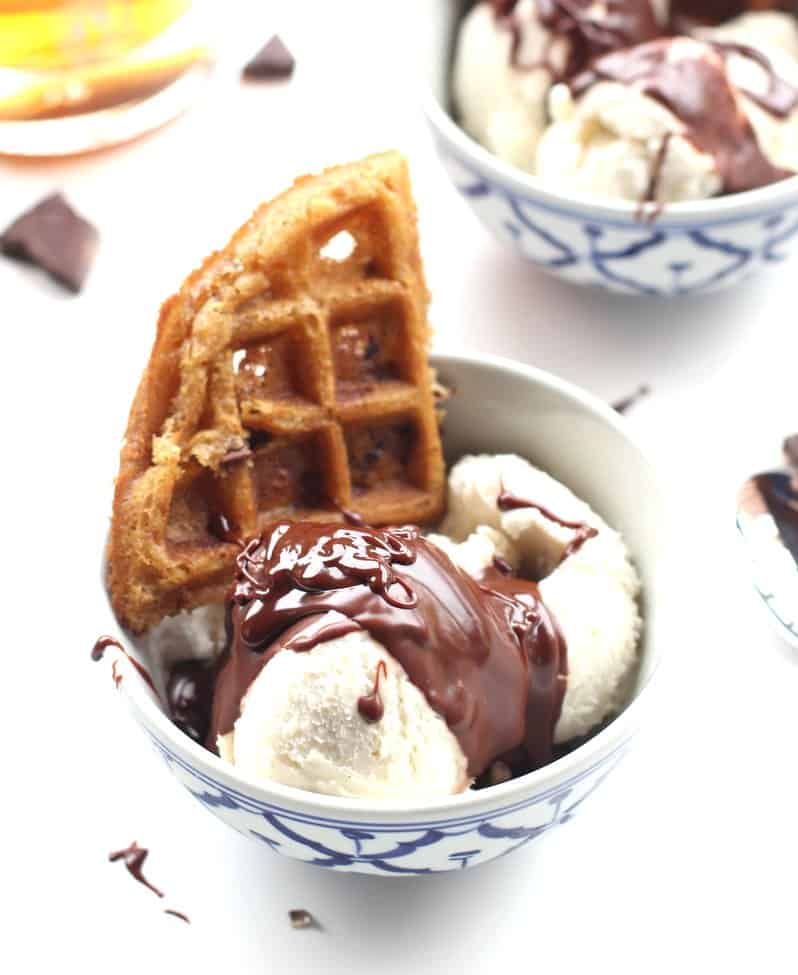 Chocolate Chip Cookie Waffles in a bowl of ice cream