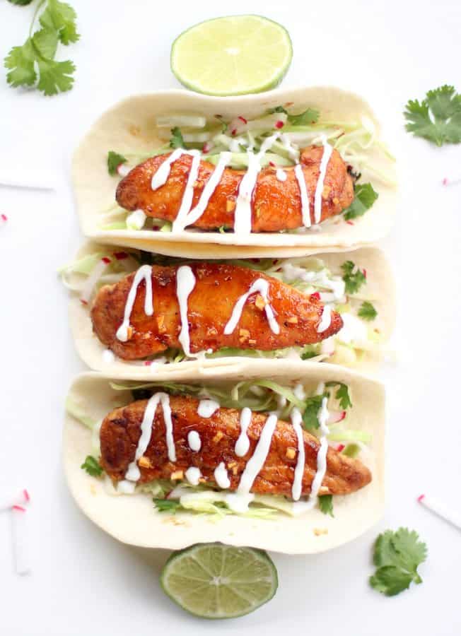 Honey Chipotle Chicken Tacos on a white table