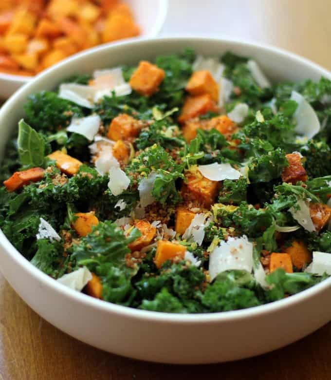 Kale salad in a white bowl