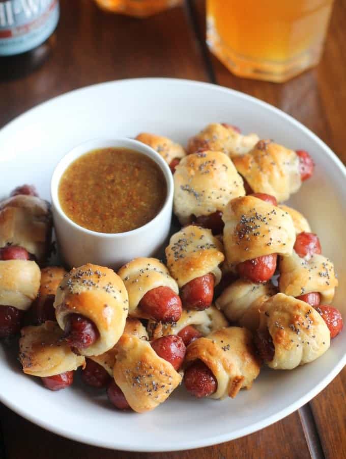 pigs in a blanket in a white bowl