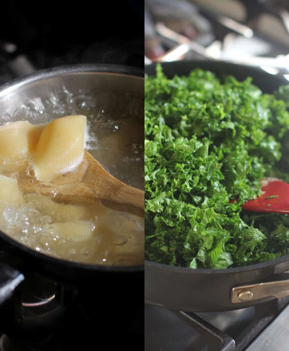 cooking shells and Swiss chard in a skillet