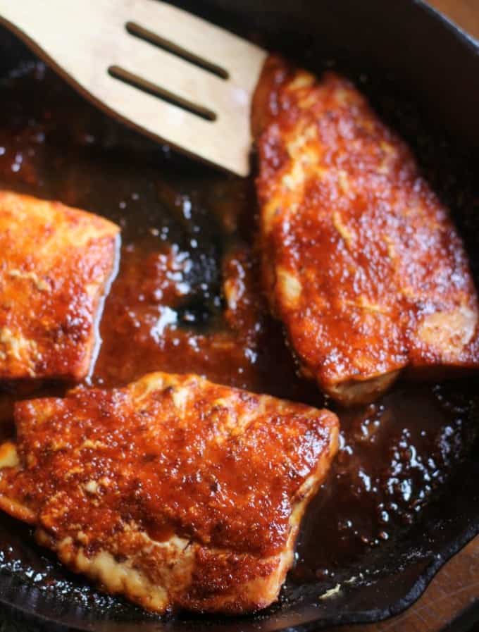 Chipotle Lime Salmon in a cast iron skillet