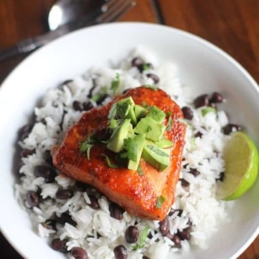 Chipotle Lime Salmon over beans and rice