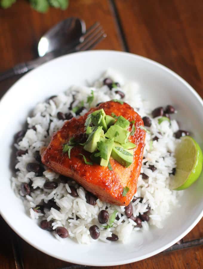 Salmon on a bed of black beans and rice