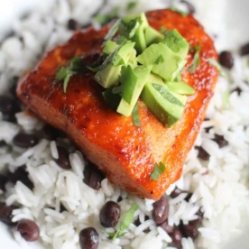Chipotle Lime Salmon over a bed of rice and beans