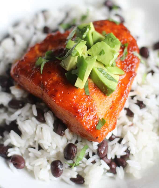 Chipotle Lime Salmon over rice and black beans