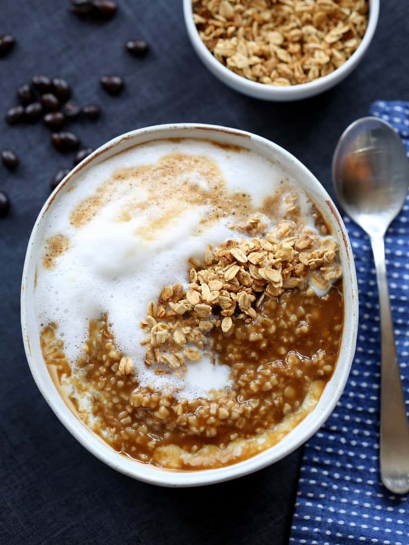 Oatmeal Latte with Steel Cut Oats in a white bowl
