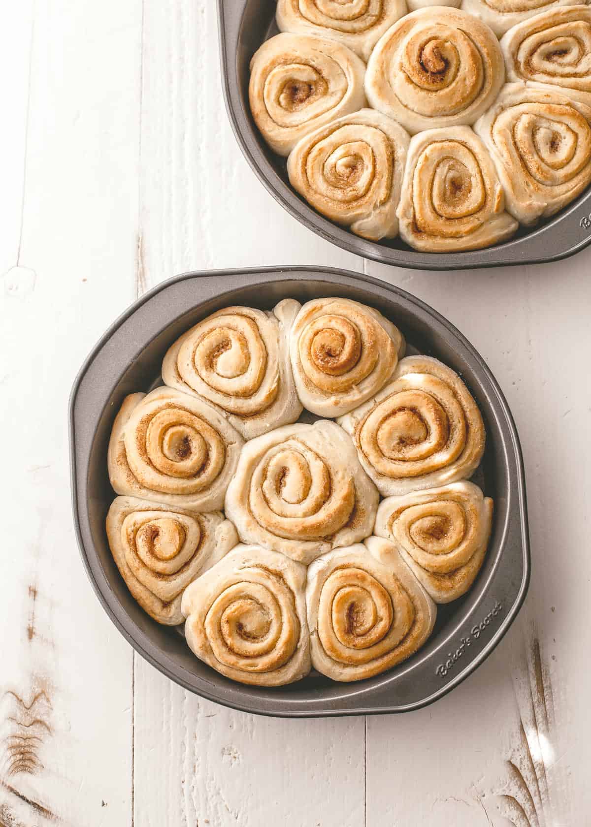 overhead image of 2 round pans of cinnamon rolls