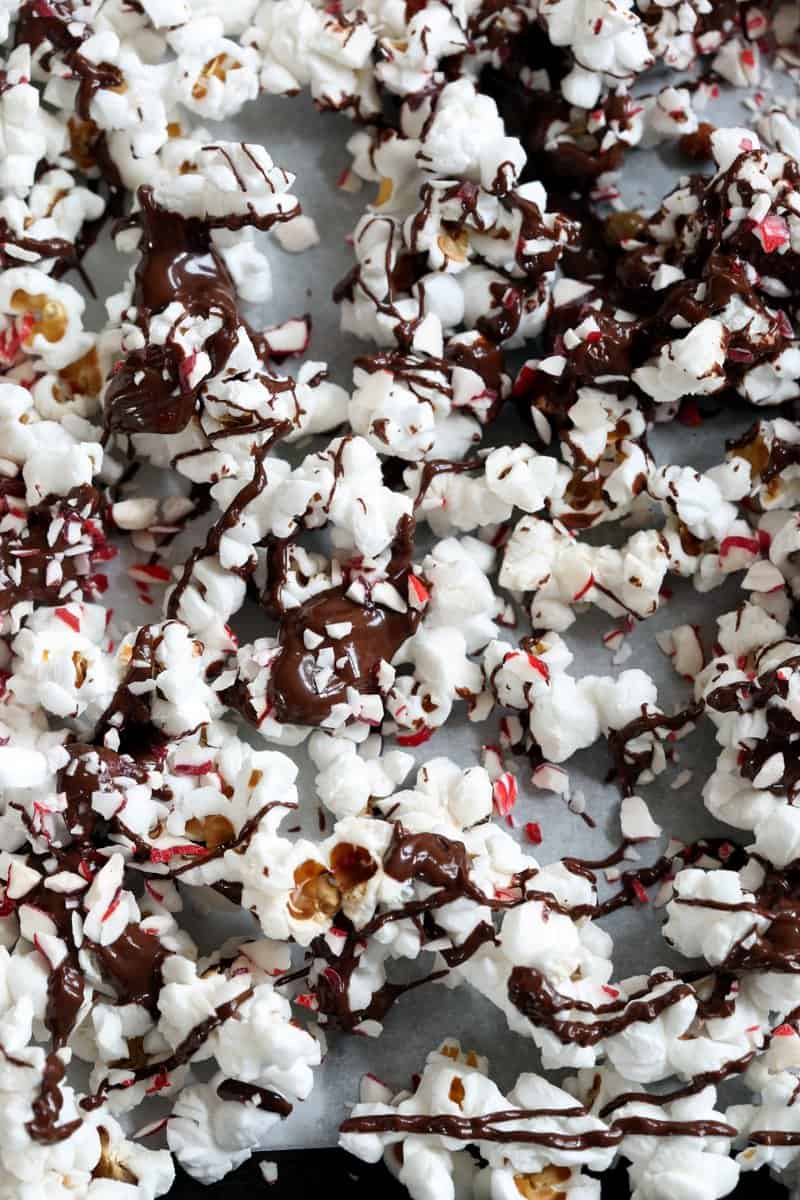 Dark Chocolate Peppermint Popcorn on a sheet pan