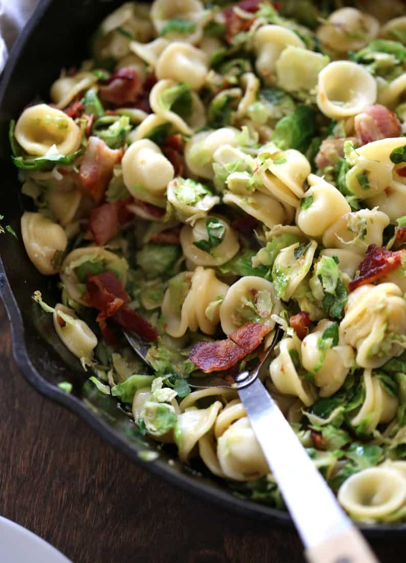 Orecchiette with Bacon and Caramelized Brussels Sprouts in a cast iron skillet
