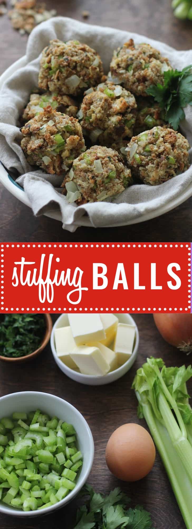 Stuffing Balls- A delicious holiday favorite reinvented. Rolled into balls and baked, a classic stuffing gets golden brown and crisp on the outside. Try it.