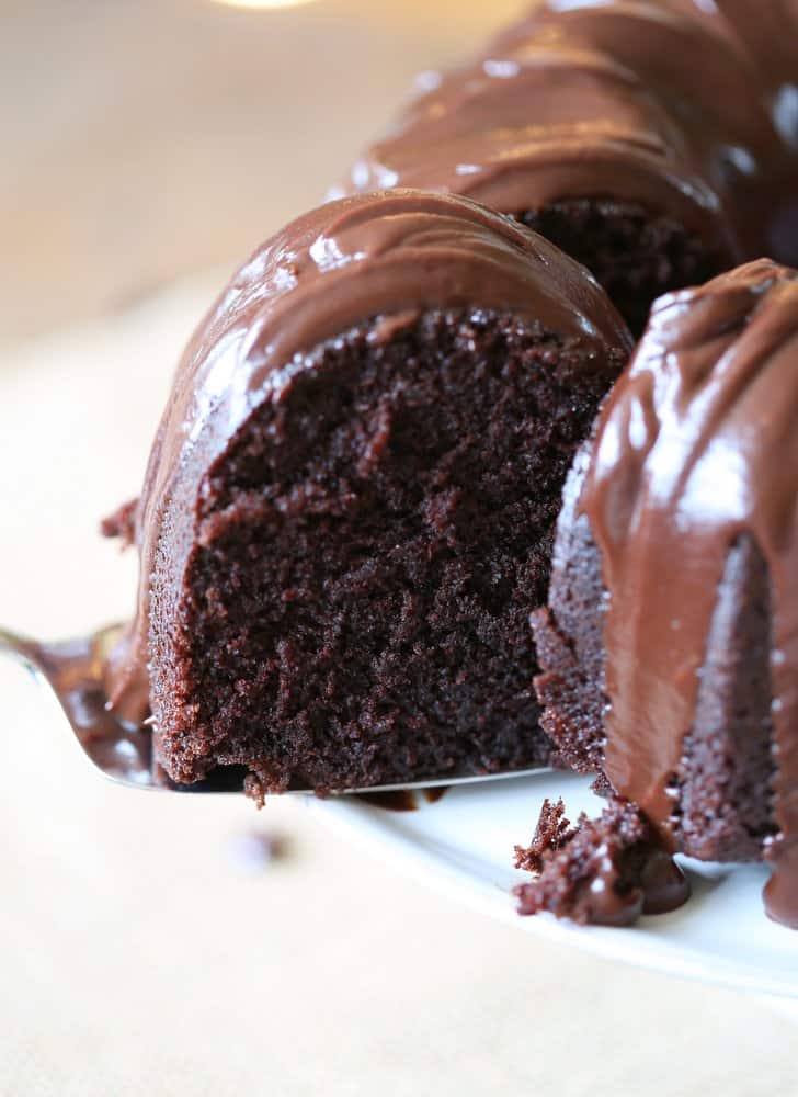 a slice of Bundt Cake with Chocolate Glaze