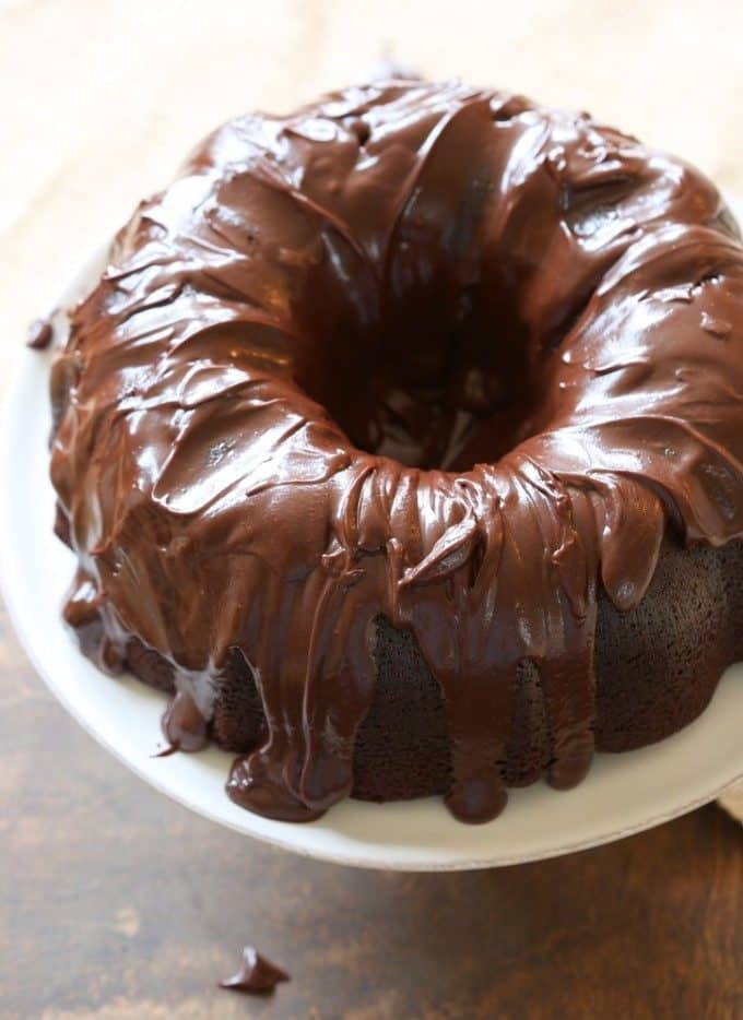 bundt cake on a white cake plate