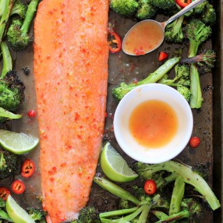 Salmon and broccoli on a sheet pan