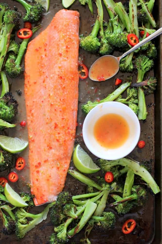 Salmon and broccoli on a sheet pan