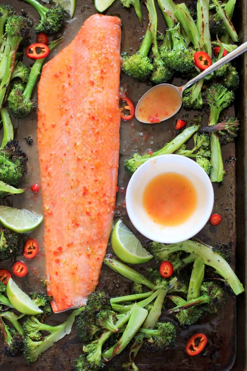 cooked Salmon and broccoli on a sheet pan