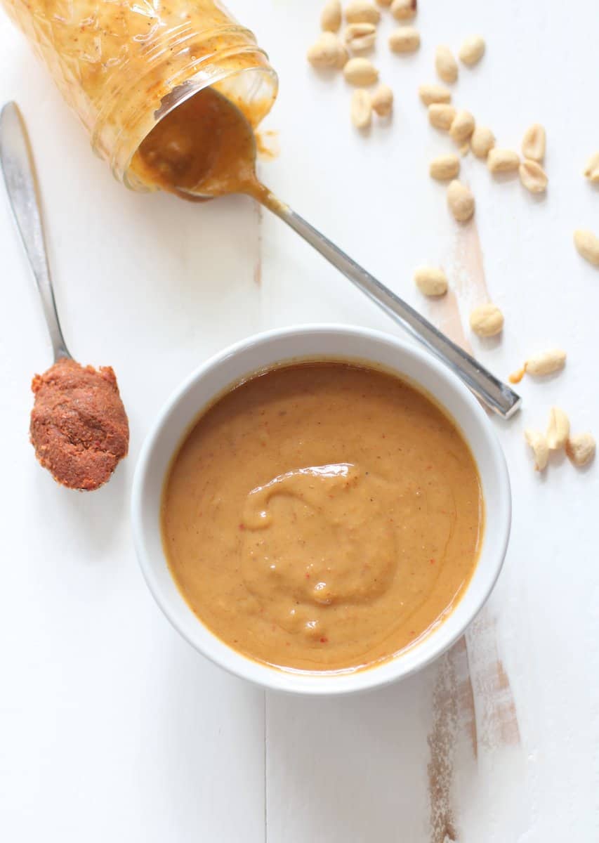 overhead image of Thai Peanut Sauce in a white ramekin