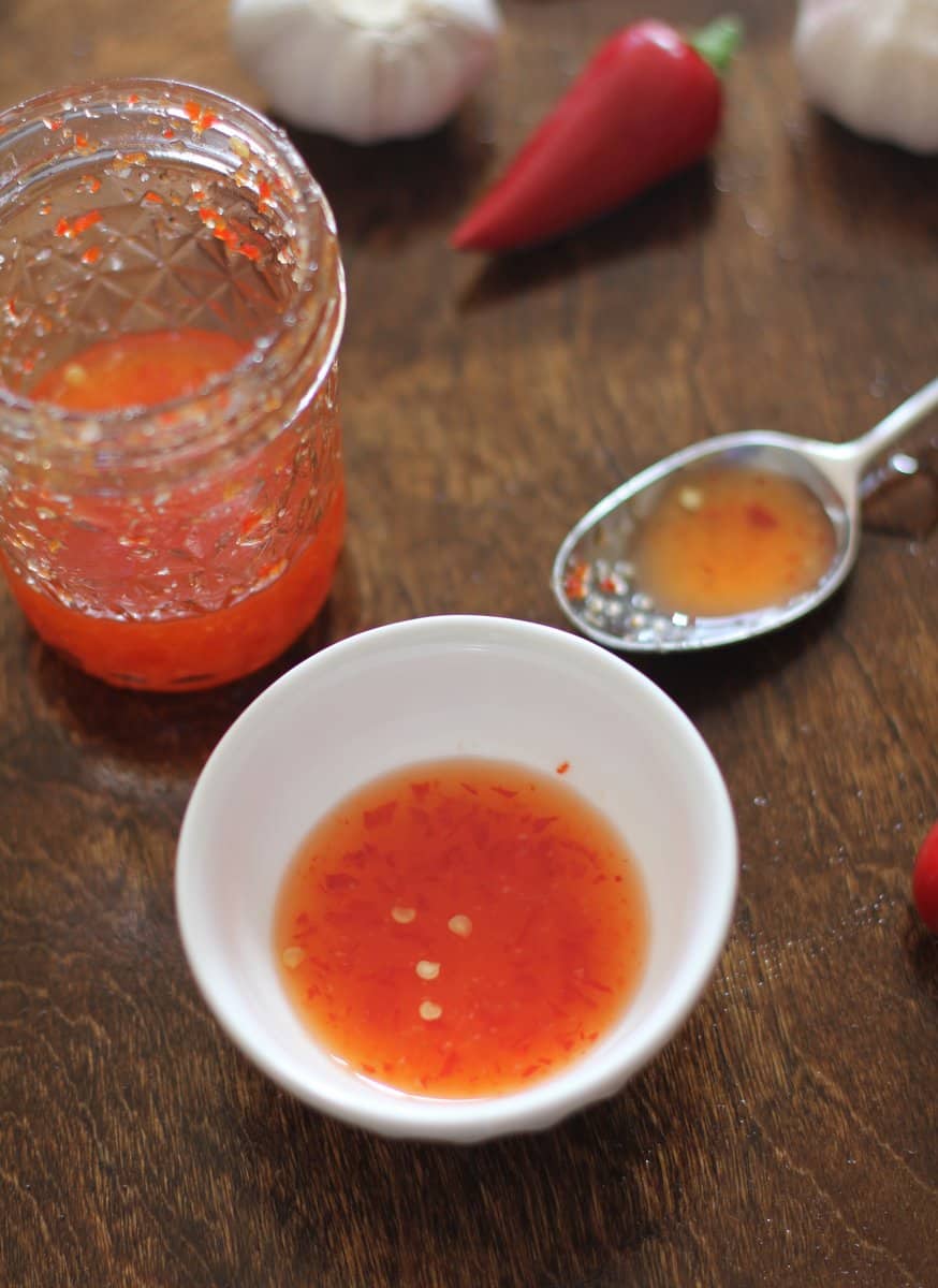 overhead image of Thai Sweet Chili Sauce in a small white bowl