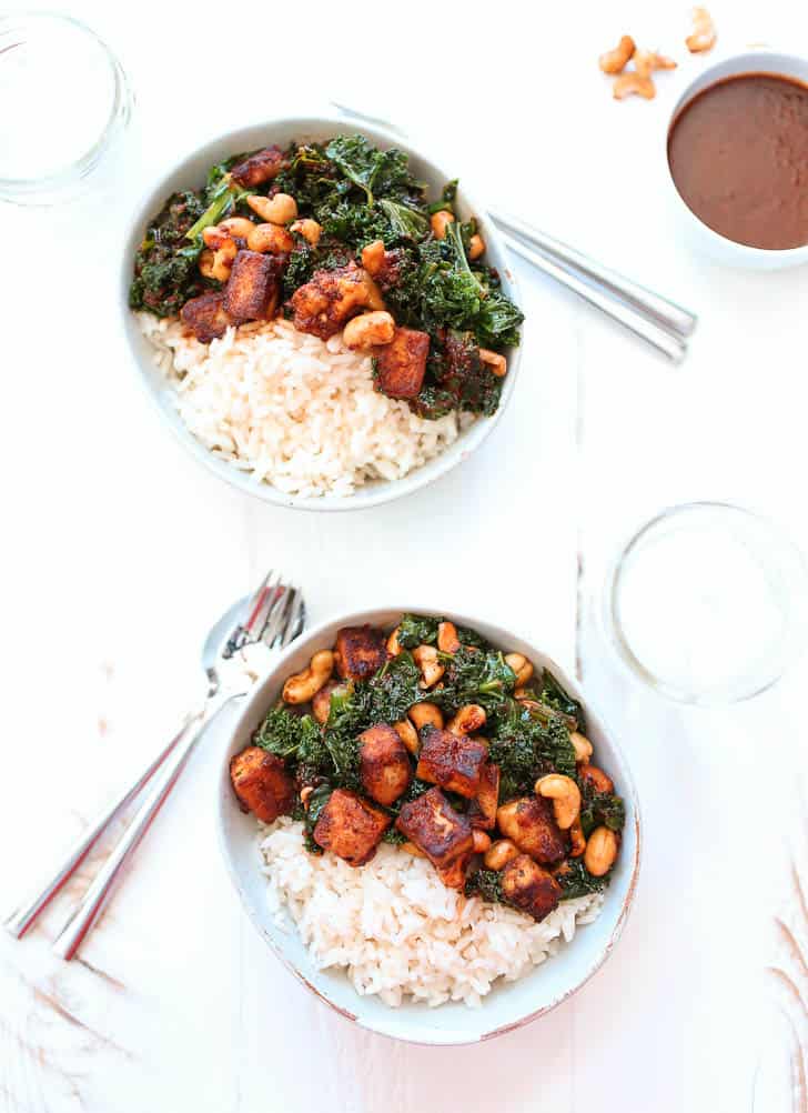 Thai Tofu over rice in white bowls