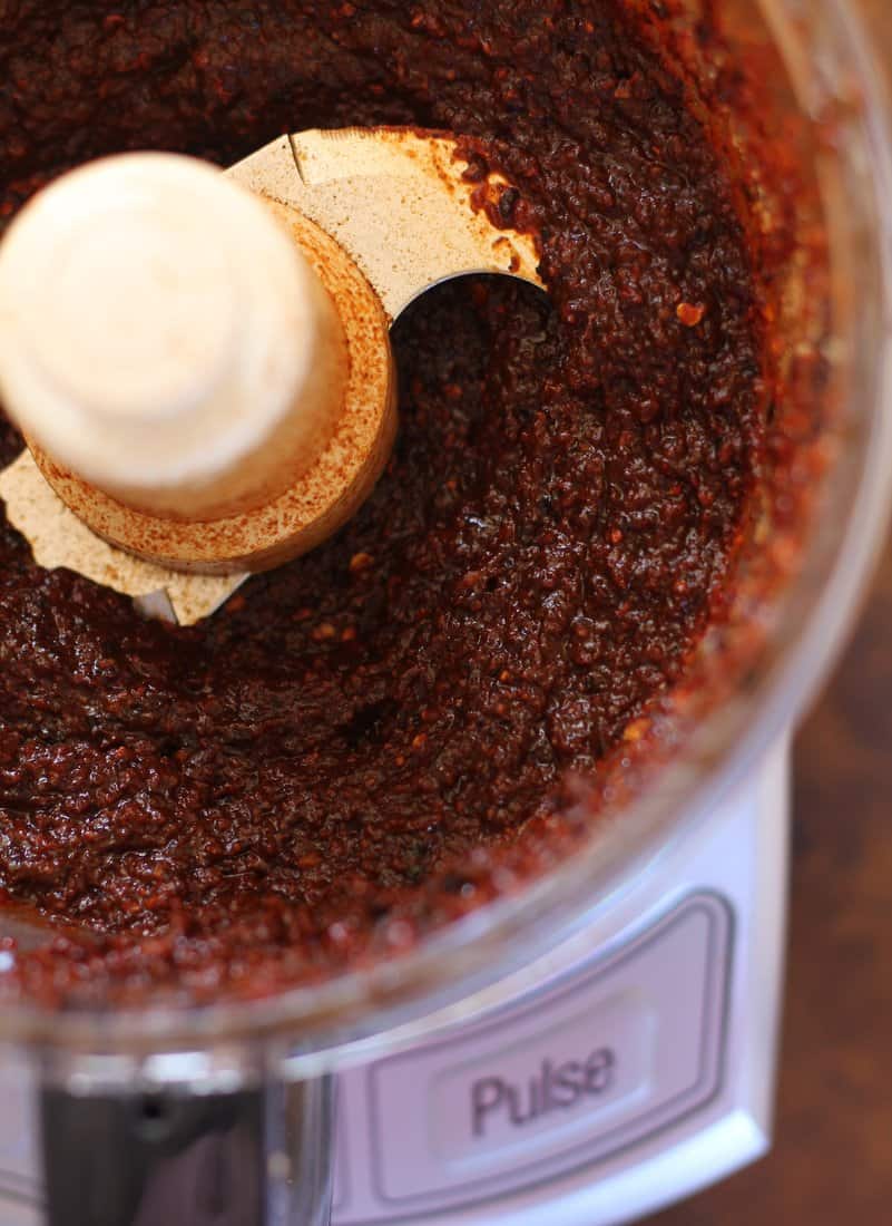 overhead image of Vegetarian Thai Chili Paste in a food processor