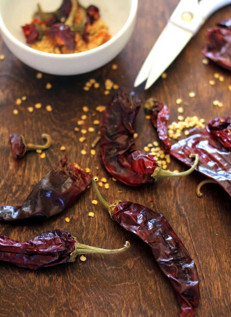 New Mexico Chilis on a wooden table