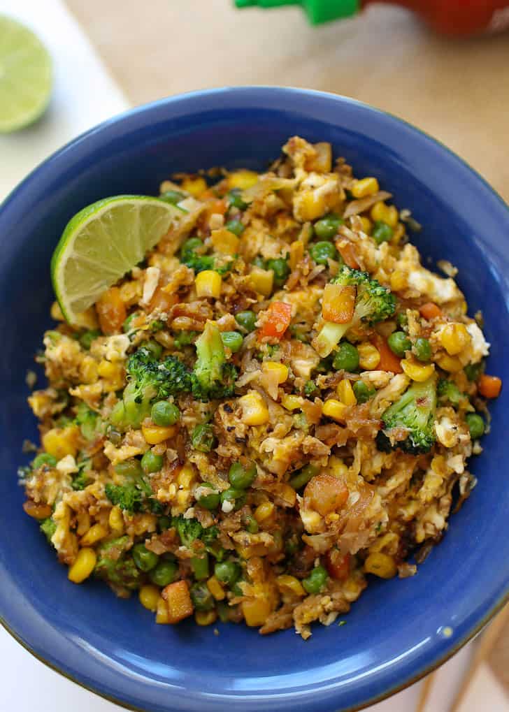 Cauliflower Fried Rice in a blue bowl