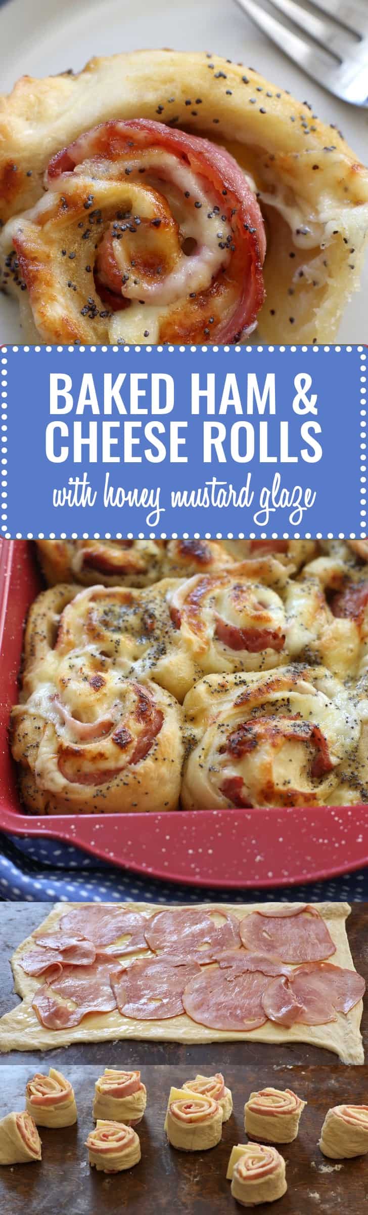 Baked Ham and Cheese Rolls with Honey Mustard Glaze - Classic ham and cheese sandwiches meet Stromboli in these baked rolls made with pizza dough and finished with honey mustard poppy seed glaze. A crowd-pleaser for kids and adults.