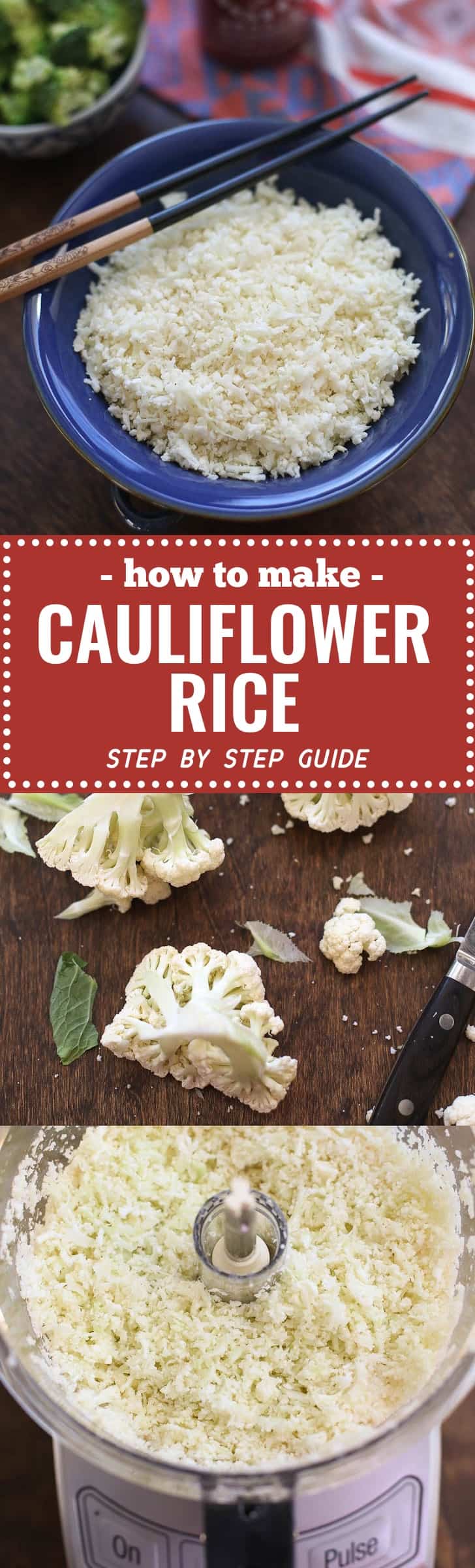 Cauliflower rice is super versatile - a low-carb, gluten-free, paleo and vegan -friendly substitute for rice that is also totally delicious. This is a step by step guide how to make cauliflower rice at home with pictures and instructions on how to freeze. We serve it with stir-frys, turn it into fried rice, and keep it in the freezer as a quick, healthy side dish.