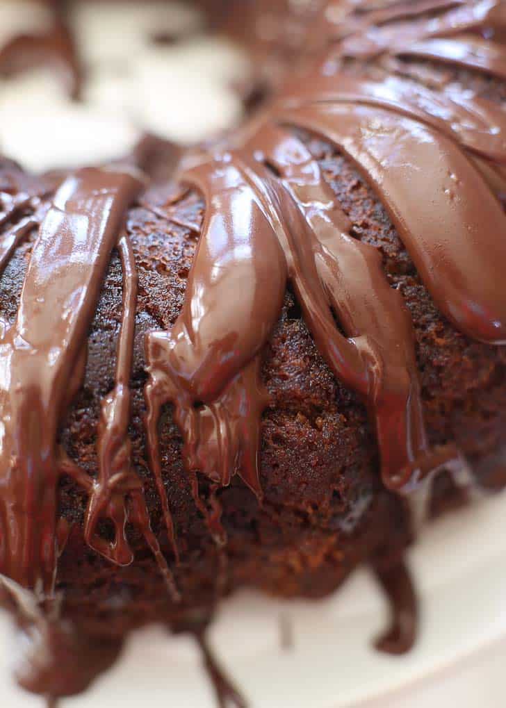 Banana Bread Bundt Cake with chocolate icing