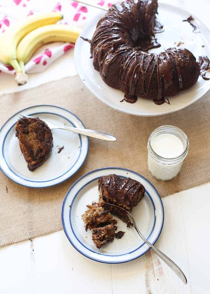 Banana Bread Bundt Cake on white plates