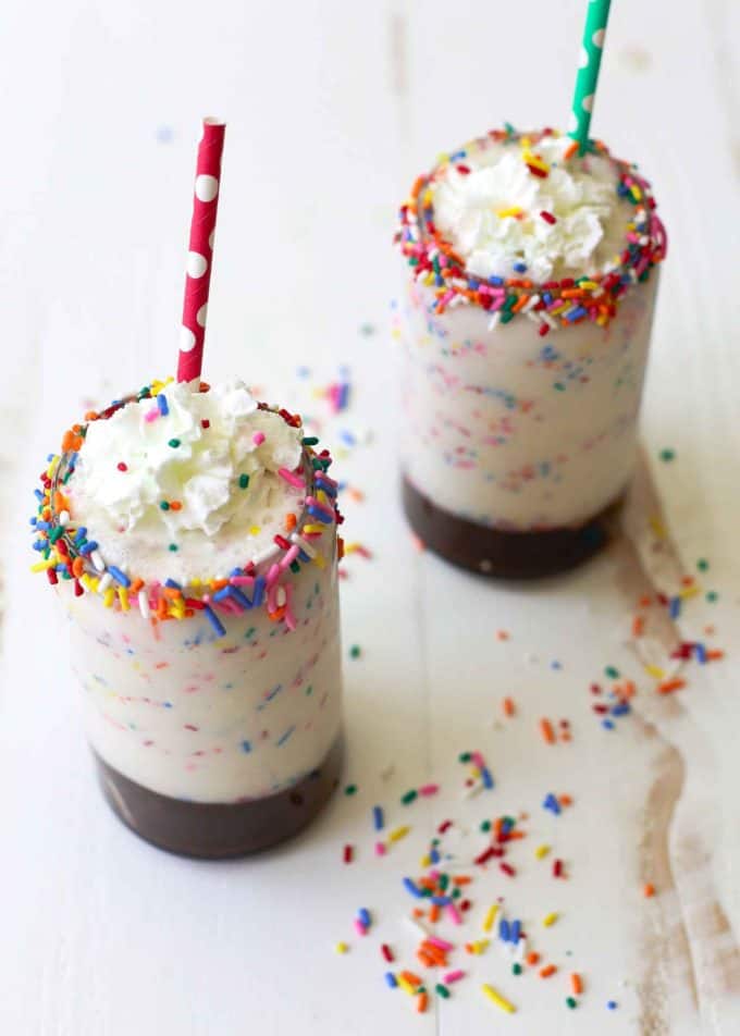 funfetti cake batter milkshakes on a white table