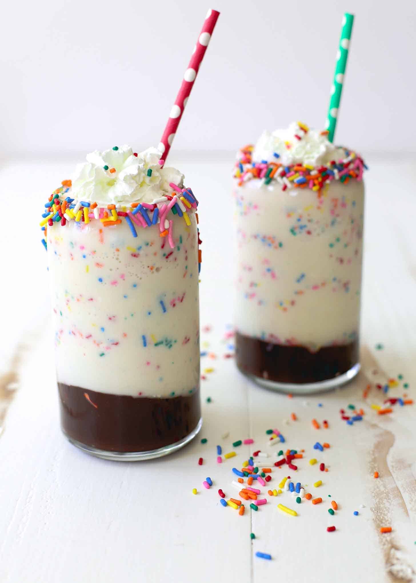 Cake Batter Milkshakes in glasses with colorful straws