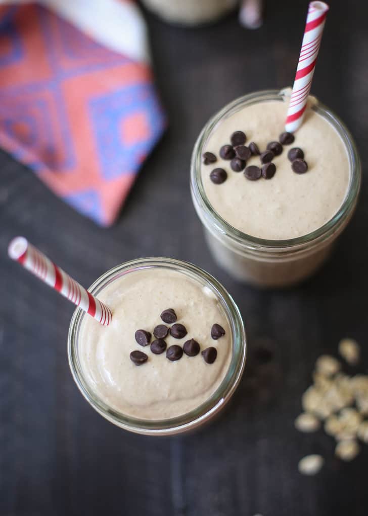 Peanut Butter Chocolate Oat Smoothies in glass jars