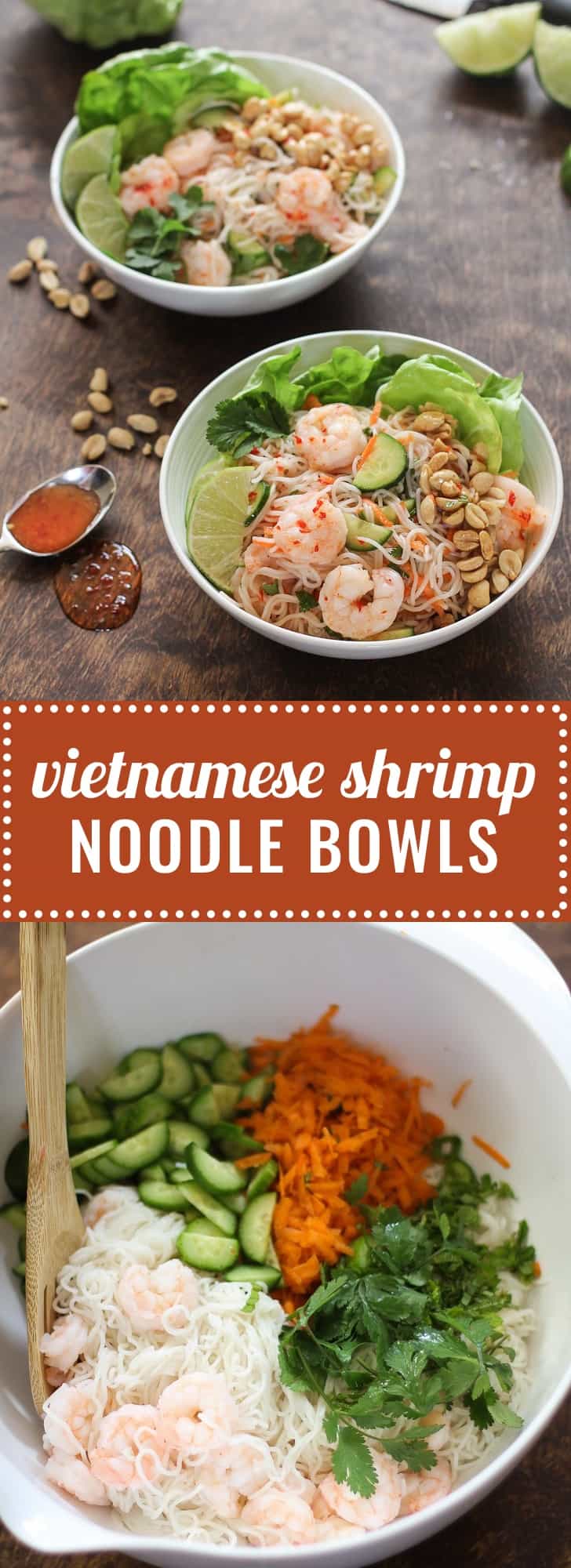 Vietnamese Shrimp Noodle Bowls - Fresh, sweet, and tart, Vietnamese Noodle Bowls are made for warm weather. They are great served chilled, so can be made ahead and refrigerated for up to a day. This is a unique salad to take to a potluck, and is always a hit!