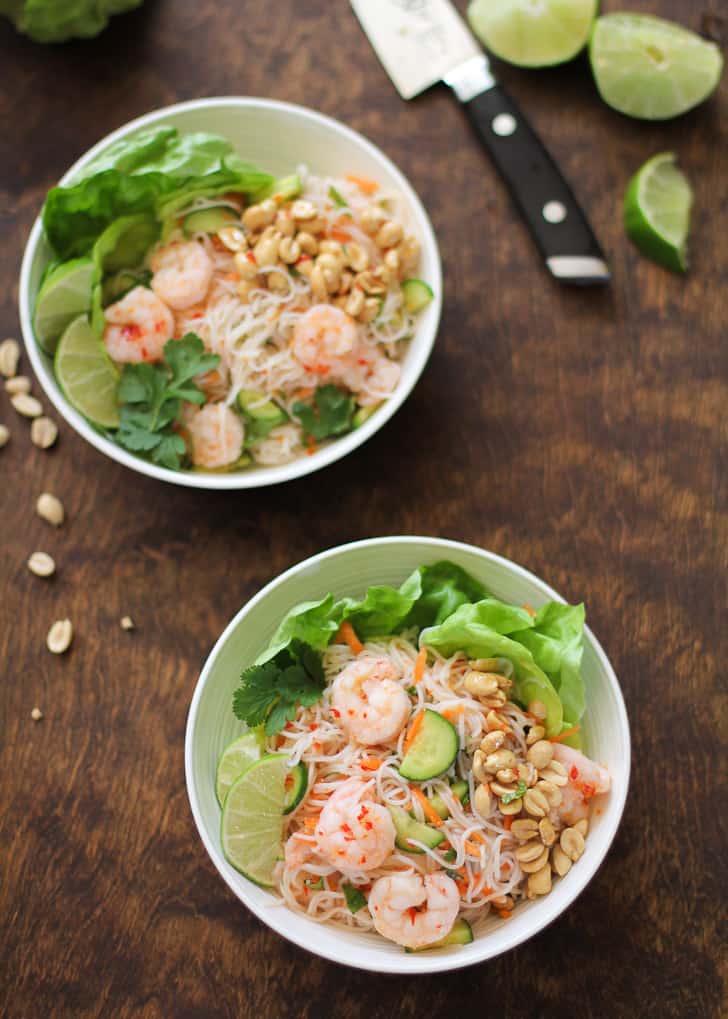 Vietnamese Shrimp Noodle Bowls on a wooden table