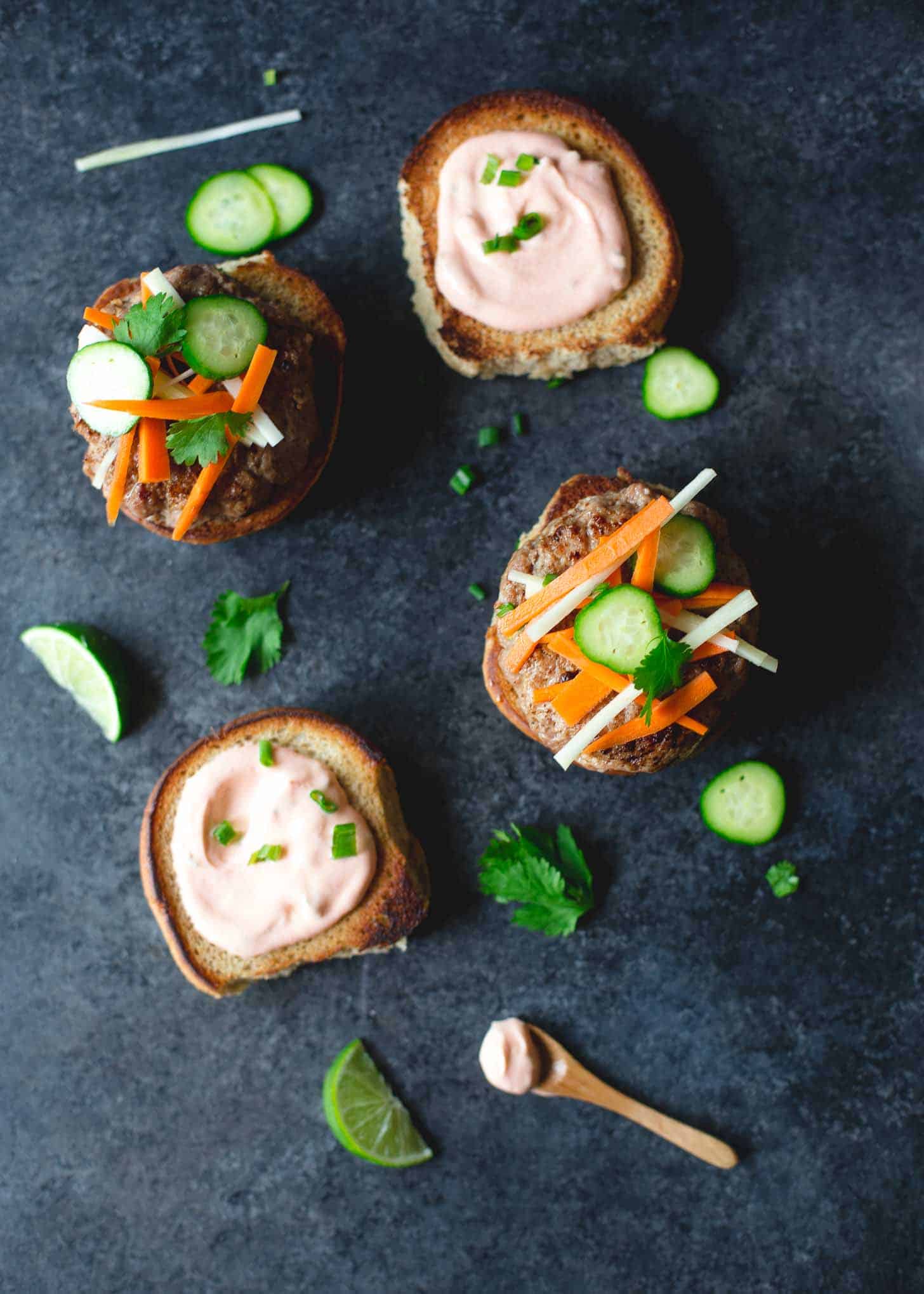 Banh Mi Burgers on a grey countertop