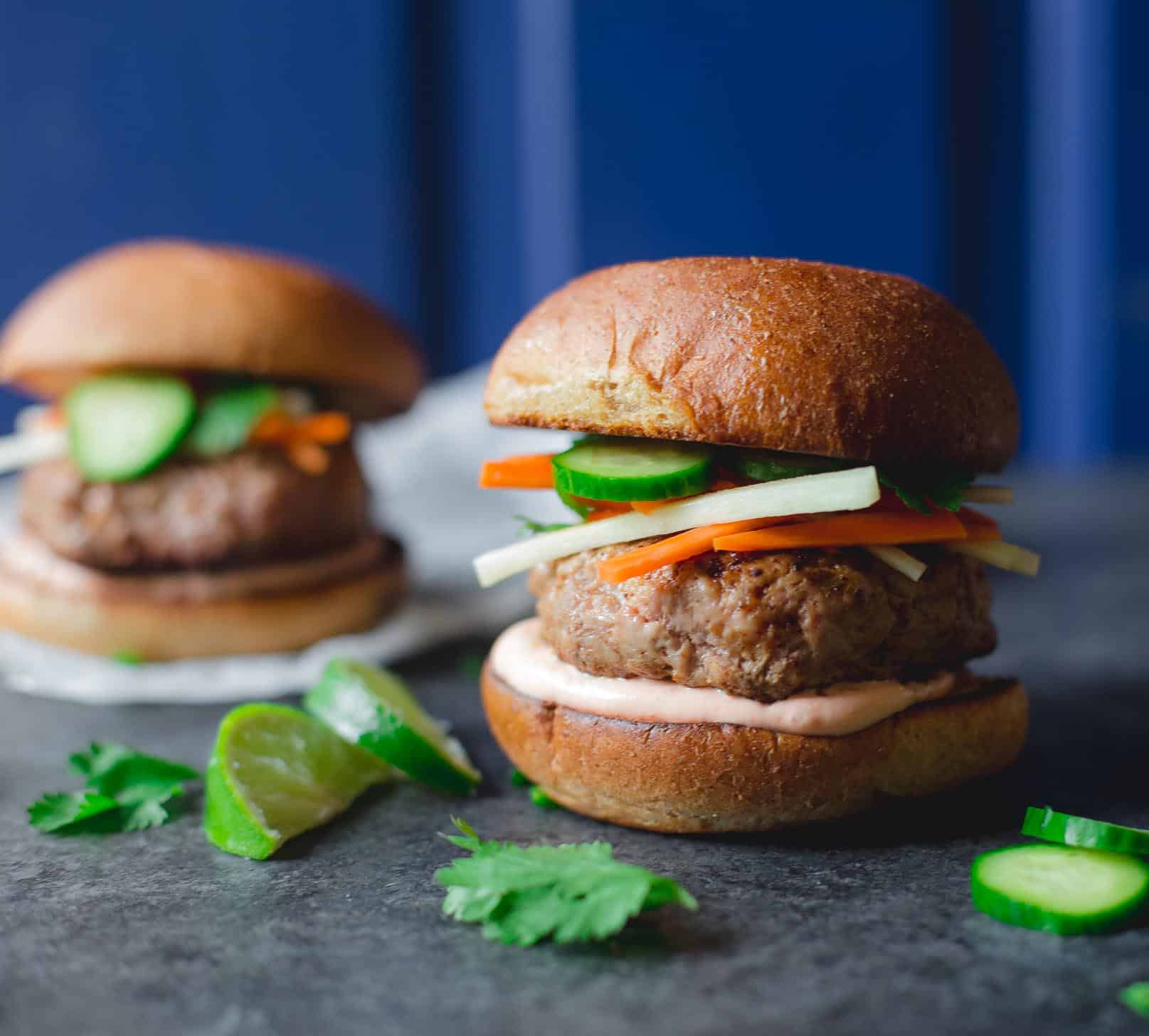 Banh Mi Burgers on a grey counter