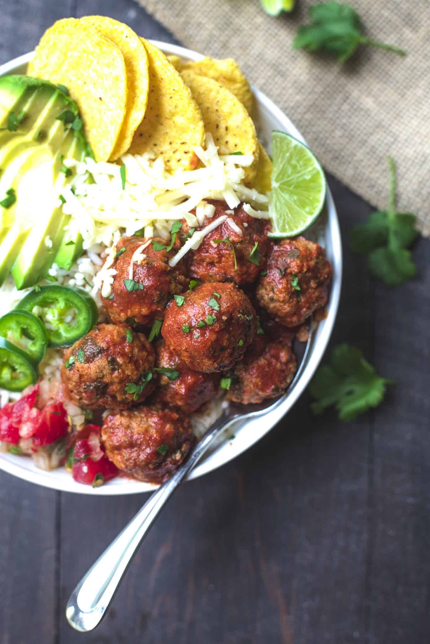 Meatball Taco Bowls with chips and cheese