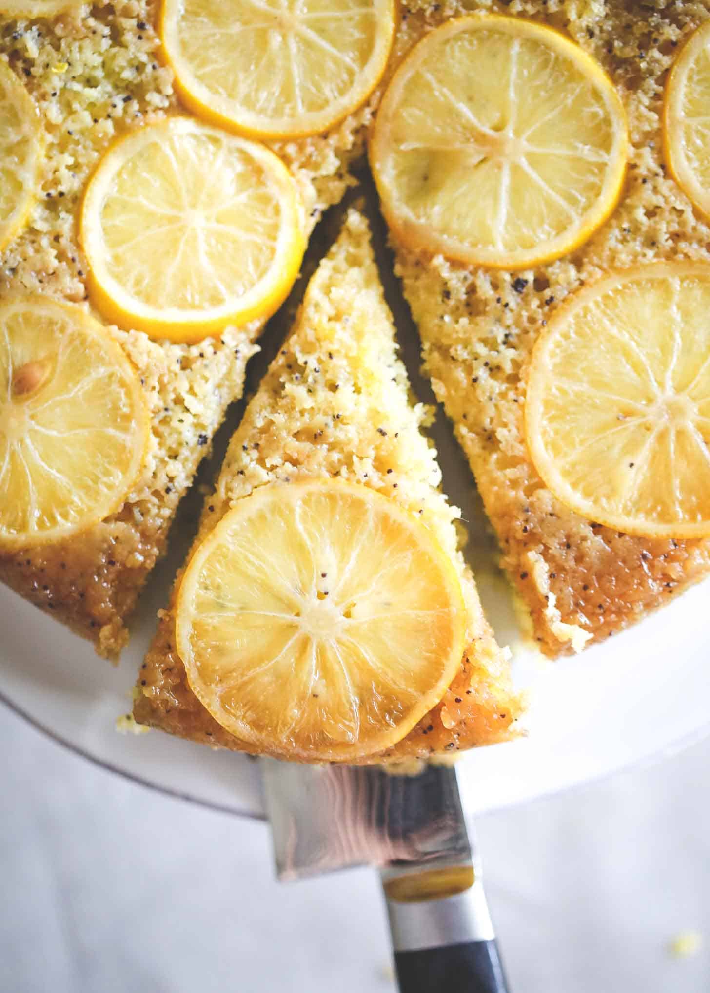 Meyer Lemon Upside Down Cake on a white cake plate