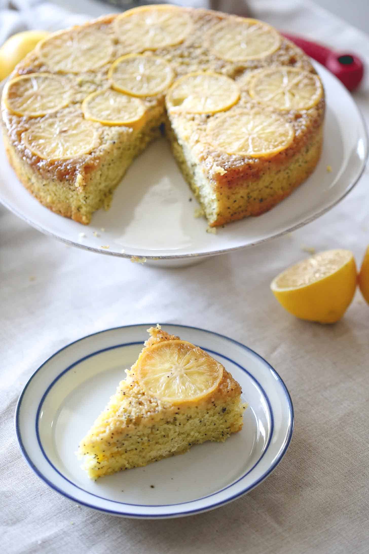 a slice of Meyer Lemon Upside Down Cake on a white plate