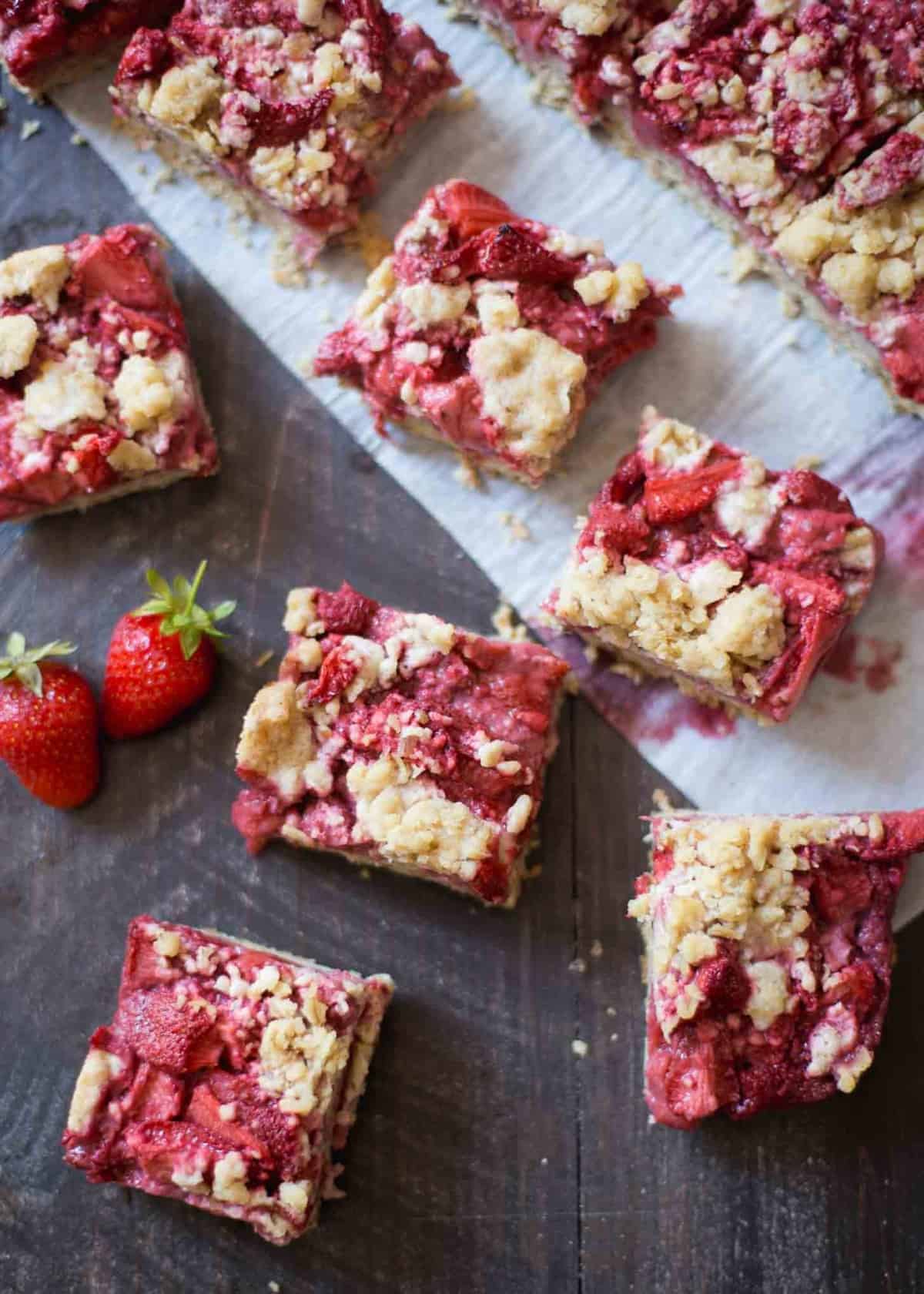 streusel bars on a wooden table