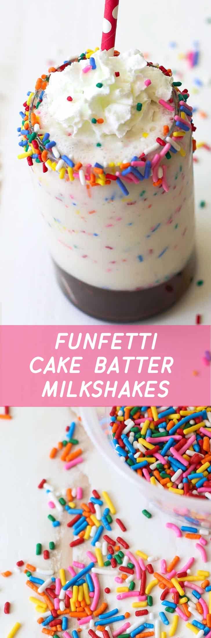 With all the flavor of cake batter, a swirl of hot fudge and loads of sprinkles, these milkshakes are even better than licking the bowl after making a funfetti cake.